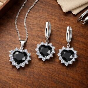 925 Silver Plated Black Heart Halo CZ Necklace Earrings Set Valentine's Day Gift